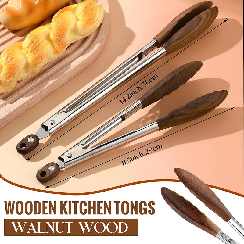 Wooden Kitchen Tongs - Stainless Steel BBQ Server