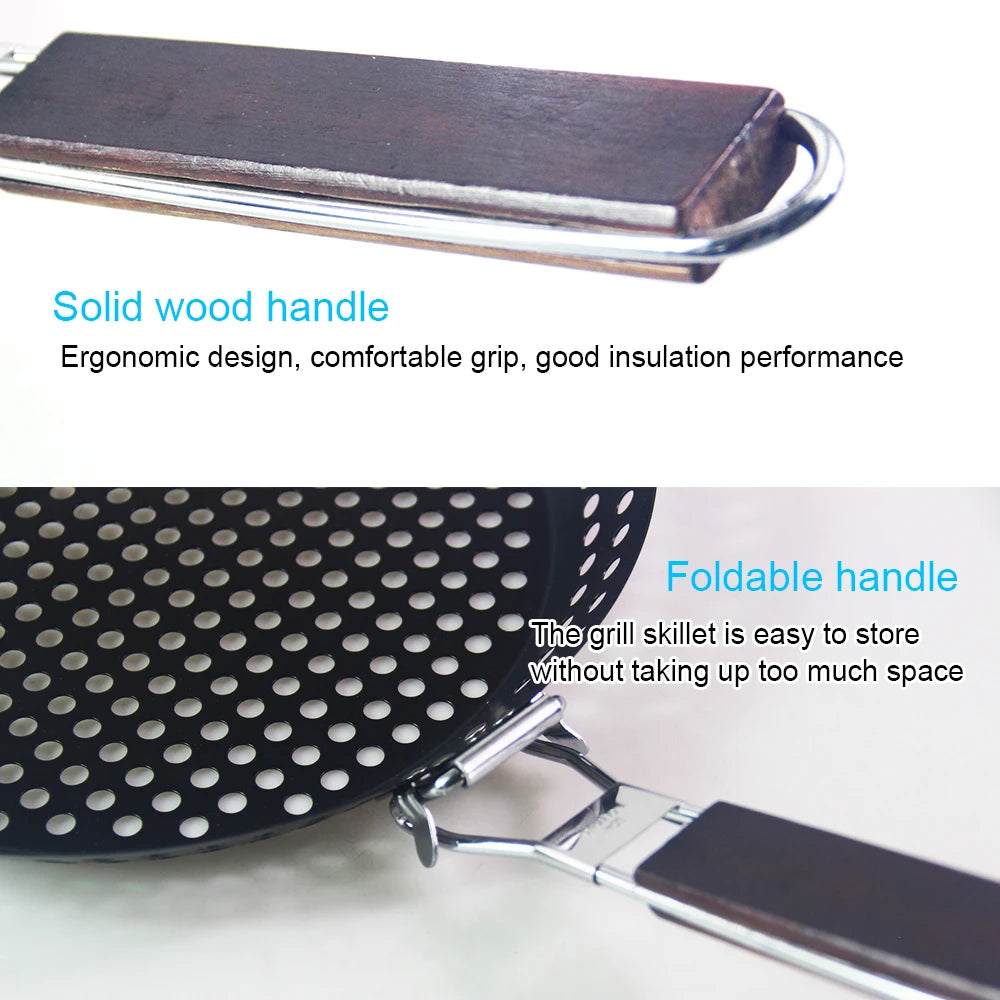 Nonstick Grilling Skillet - Folding Wooden Handle