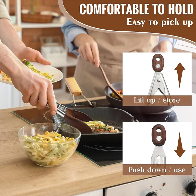 Wooden Kitchen Tongs - Stainless Steel BBQ Server