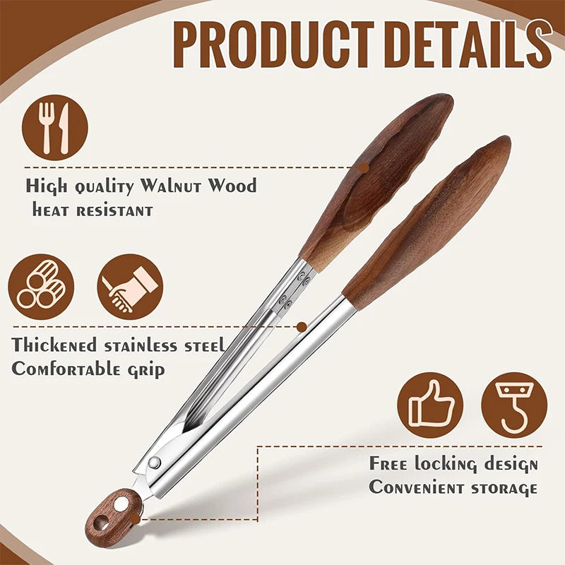 Wooden Kitchen Tongs - Stainless Steel BBQ Server