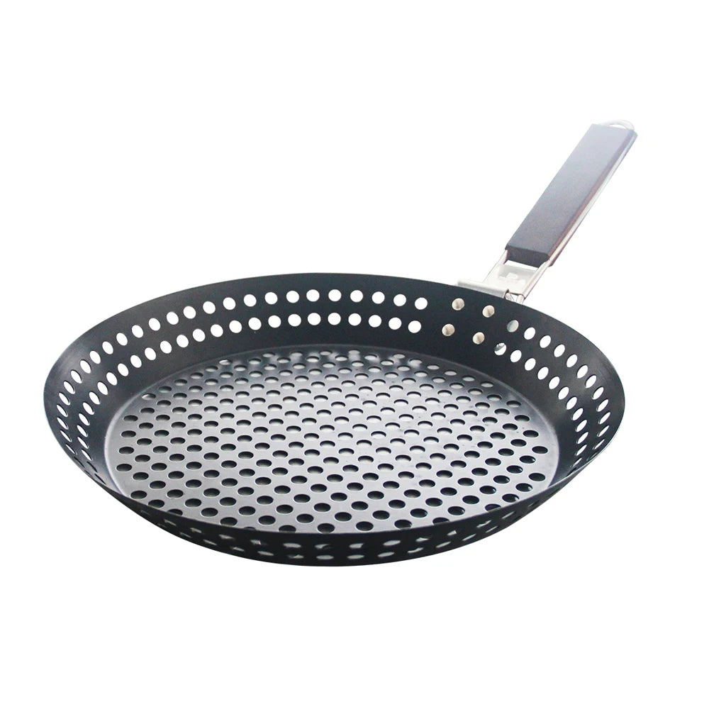 Non-Stick Metal Grilling Skillet with Folding Wooden Handle & Perforations
