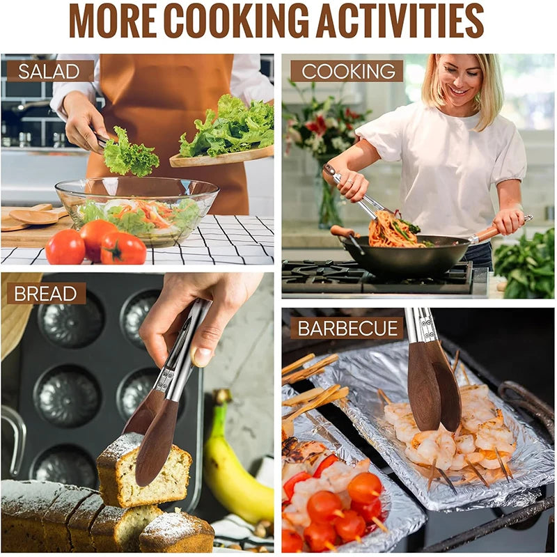 Wooden Kitchen Tongs - Stainless Steel BBQ Server