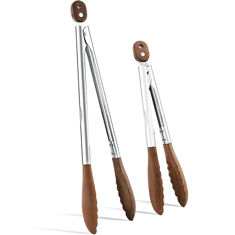 Wooden Kitchen Tongs with Stainless Steel - BBQ & Salad Server