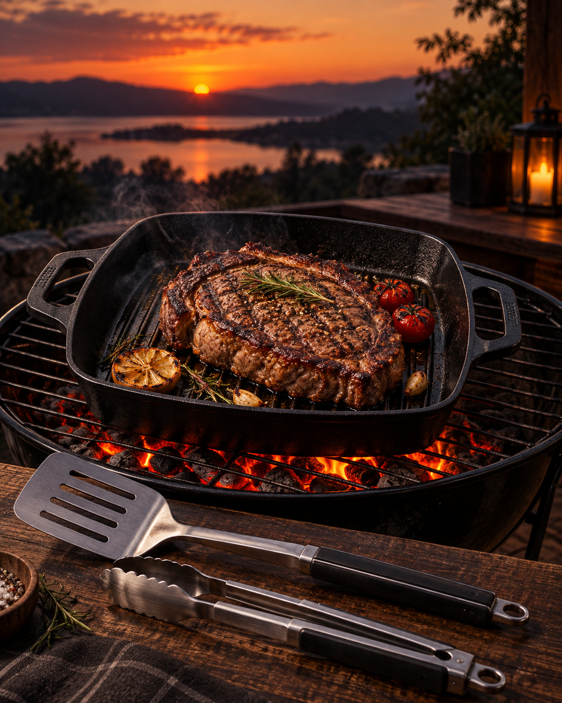Vertical view of seared steak in cast iron grill pan over glowing coals with barbecue tools